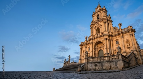 Historic baroque cathedral facade with grand stone stairs at sunset