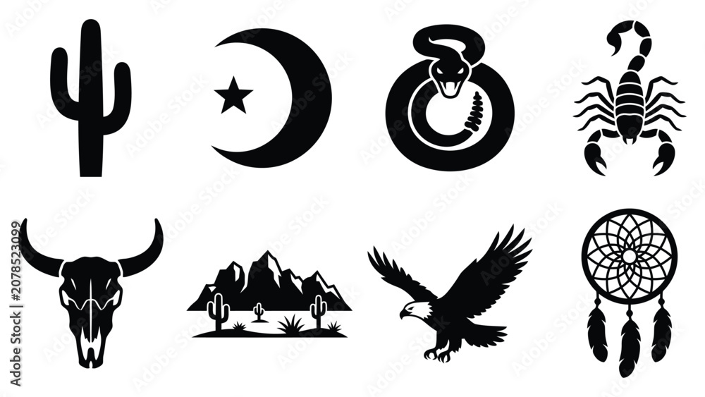 Fototapeta premium Western desert silhouette clipart vector set with cactus, skull, eagle, dreamcatcher, and scorpion