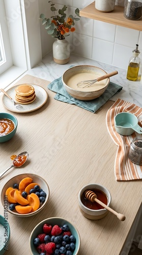 Breakfast pancake preparation with fresh berries and honey on counter