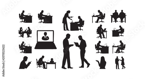 Office work and communication silhouettes featuring people at desks using computers and interacting with various colleagues.