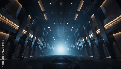 Dark hallway with steps and glowing lights on ceiling and pillars