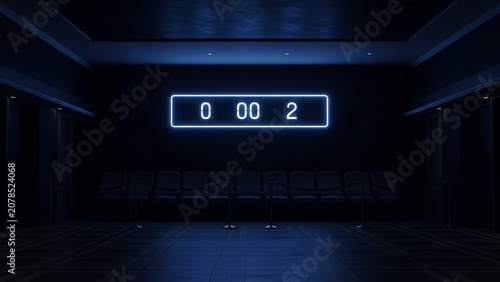 Dark lobby with glowing neon sign and empty chairs indoors