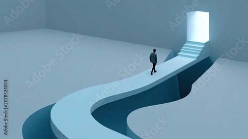 3D render artwork with smooth curved light blue central pathway, back view male walking toward glowing open stair doorway, dark blue understructure gap, muted blue gray palette