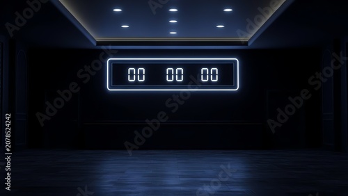 Dark room with neon scoreboard and recessed ceiling lights