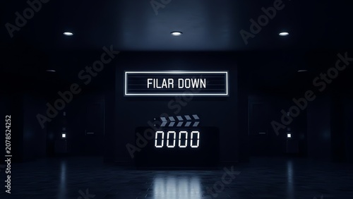 Dark room with neon sign and film clapper on stand