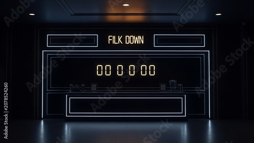 Dark room with neon-lit scoreboard and 'FILK DOWN' sign above counter