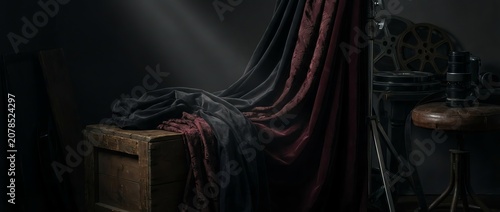 Dark room with wooden chest, draped fabric, and camera equipment