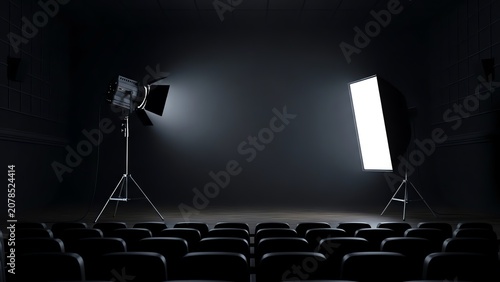 Dark theater stage with two professional lighting setups and empty seats