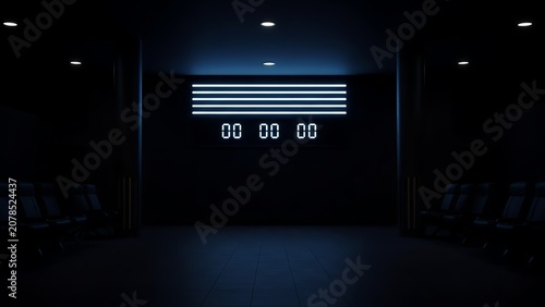 Darkened movie theater with illuminated scoreboard and empty seats