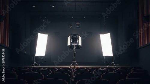 Darkened theater stage with studio lighting equipment and empty seats