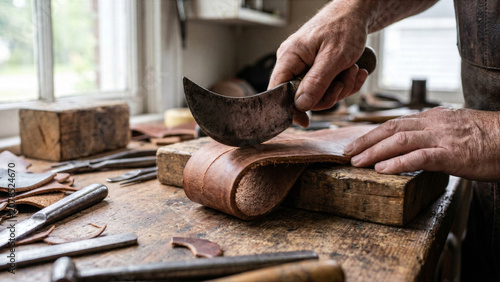 American heritage bootmaker cutting thick leather shoe sole steerhide crescent knife workbench