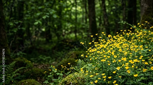 Bright yellow wildflowers blooming in a lush green forest