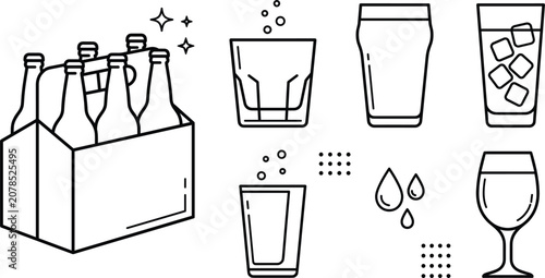 Foto Minimalist alcoholic beverages icon set featuring line art illustrations of six