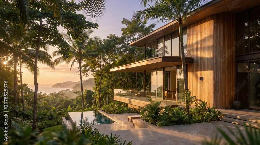 Fototapeta premium Modern luxury villa overlooking tropical ocean bay at sunset with infinity pool, exclusive resort vacation.