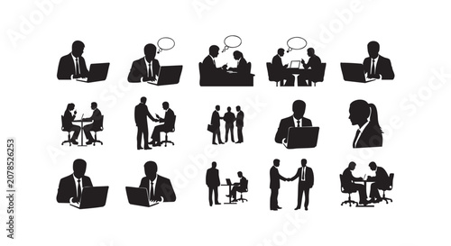 Professional office work and meeting conversation silhouettes isolated for business website or report graphics.