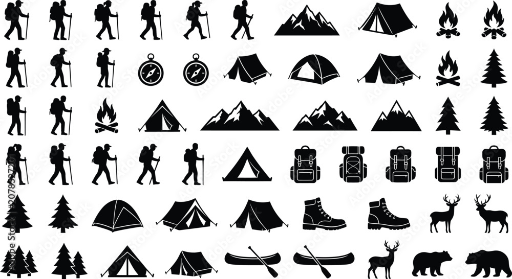 Fototapeta premium Collection of black silhouette for camping, hiking, and outdoor adventure
