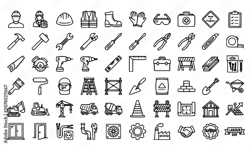 Naklejka premium Labor and Construction Outline Icons Set Editable Stroke Worker Tools Renovation Vector Collection