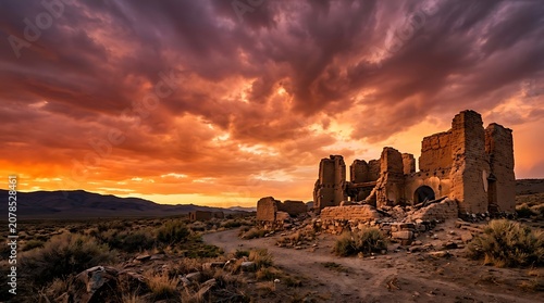 Ancient desert ruins under a dramatic fiery sunset sky