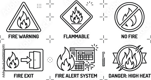 Obraz na płótnie Minimalist fire safety and emergency warning icon set featuring line art illustr