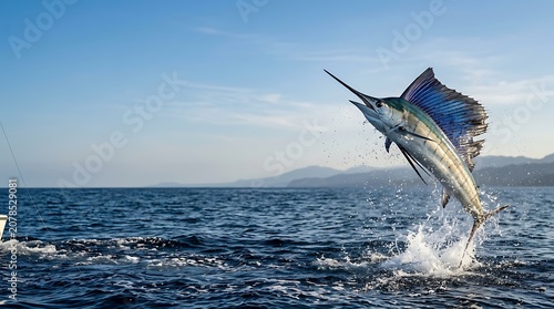 Majestic sailfish jumping out of the ocean during a fishing trip