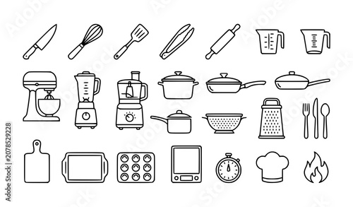 Quadro su tela Modern kitchen utensils icon collection editable line vector cooking tools