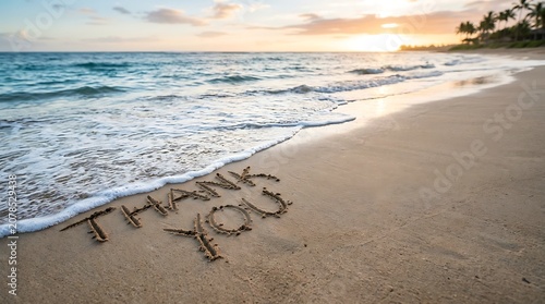 Thank you written in the sand on a tropical beach at sunset