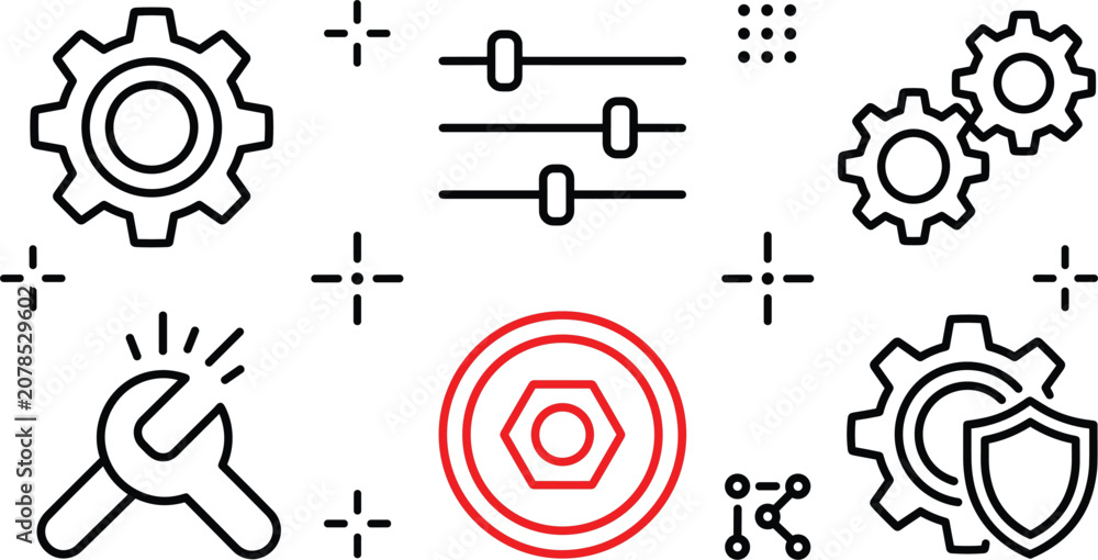 Obraz premium Minimalist mechanical engineering settings icon set featuring line art illustrations of gears wrench sliders nut and shield symbols