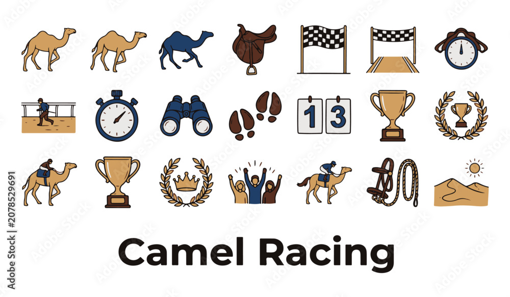 Fototapeta premium Set of Camel Racing Icons. Outline Line Art Vector Illustration Collection with Text 'Camel Racing'.