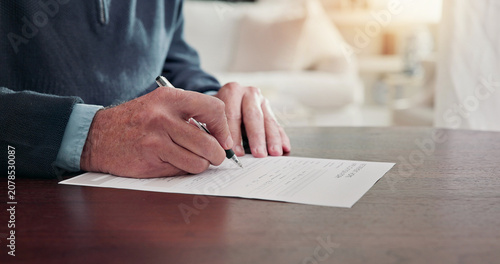 Bild auf Leinwand Senior, hands or sign documents at table for admission policy, consent or form for retirement home