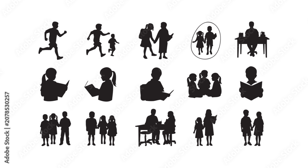Fototapeta premium Set of black silhouettes of children playing reading and studying isolated on white background for graphic design.