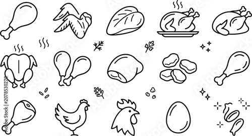 Obraz na plátně Minimalist raw and cooked chicken meat icon set featuring line art illustrations