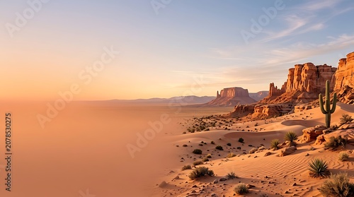 Sunset over a vast desert landscape with red rock formations