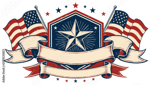 Vibrant 4th of July USA Retro Poster with American flags and starry shield for Independence Day celebration