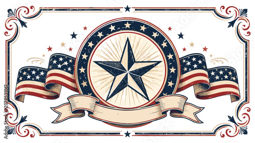 Vintage 4th of July USA Retro Poster with star and American flags on a banner, Day USA celebration