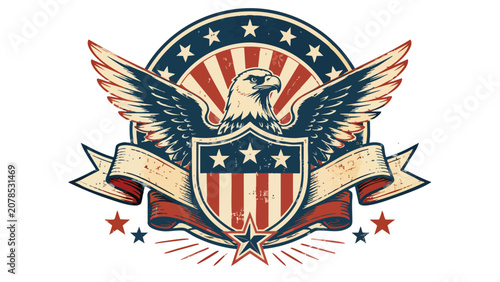 Vintage 4th of July USA Retro Poster with eagle shield and stars, Day USA celebration symbol