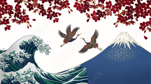 Traditional Japanese art with Mount Fuji, great wave, flying cranes, and cherry blossoms