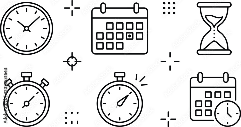 Fototapeta premium Minimalist time management icon set featuring line art illustrations of clock calendar hourglass stopwatch timer and schedule planner