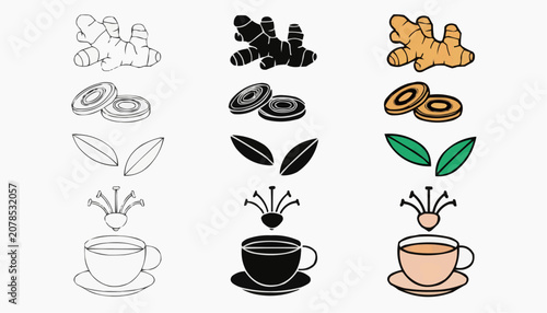 Ginger and ginger tea vector icon set with line art, silhouette, and flat color styles isolated on white background.