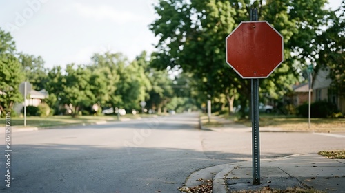Blank red octagonal sign on a quiet suburban street intersection