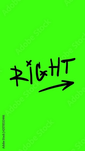 Vertical 4K video with alpha channel. Loop animation. Hand drawn line art sketch doodle icon with text Right and green arrow on transparent background. Sticker for turning web page on Internet. Swipe