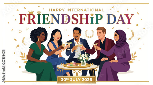 Diverse friends celebrating friendship day with champagne toasts and joyful gathering around elegant table