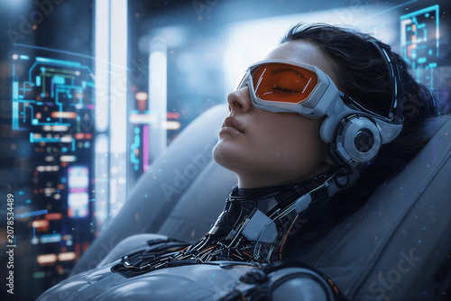 Futuristic Female Android Recharging in High‑Tech Laboratory