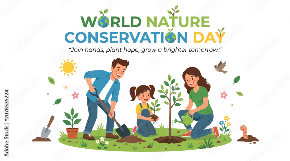 Fototapeta premium Family planting saplings together in cheerful garden celebrating nature conservation initiative