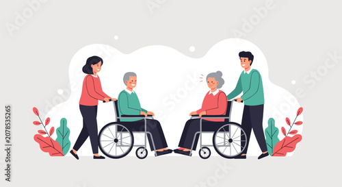 Caring young volunteers helping senior citizens in wheelchairs and talking happily on a pleasant outdoor walk.
