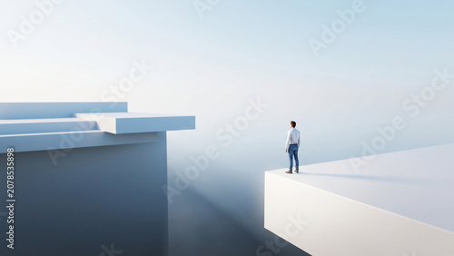 Person standing on edge of platform contemplating gap and opportunity