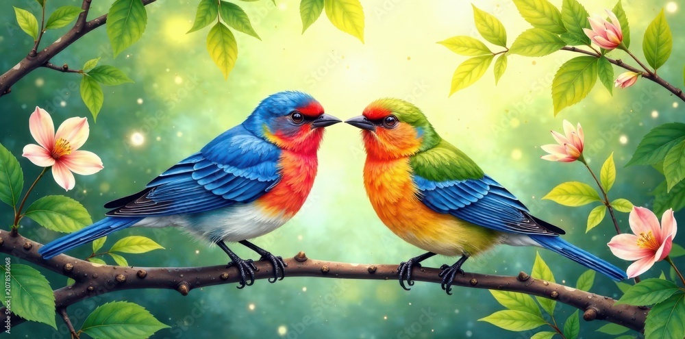 Obraz premium Watercolor hand-painted love birds surrounded by lush greenery, botanical, nature