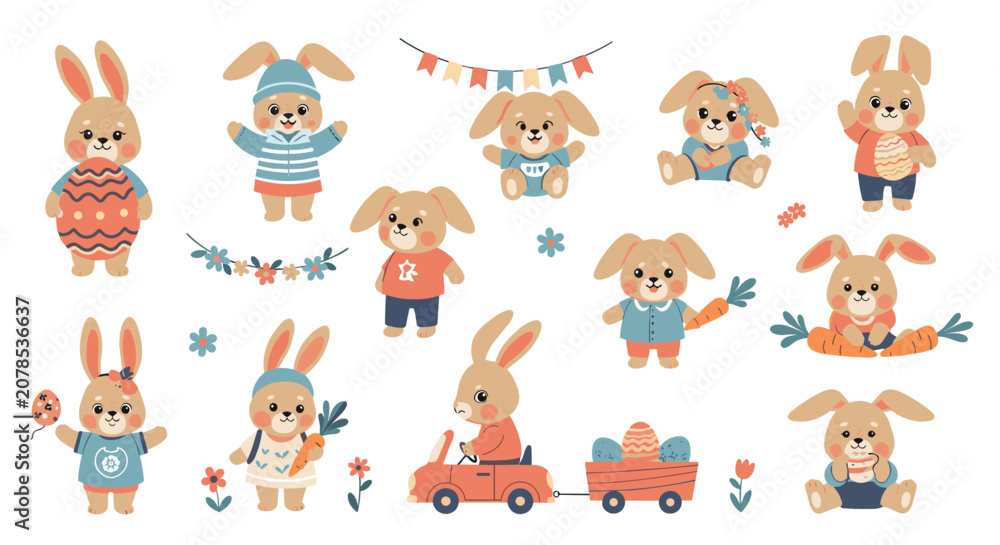 Fototapeta premium Collection of cute cartoon Easter bunnies with eggs carrots and festival decorations vector set.
