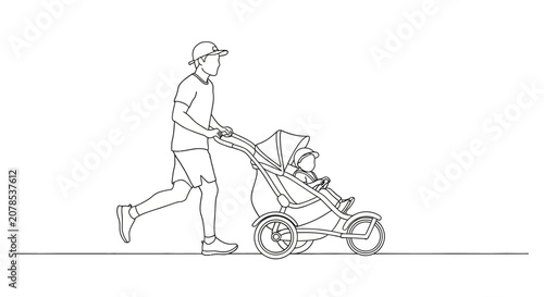 Man jogging while pushing a baby stroller outdoors.