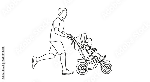 Man jogging while pushing a baby stroller with child.