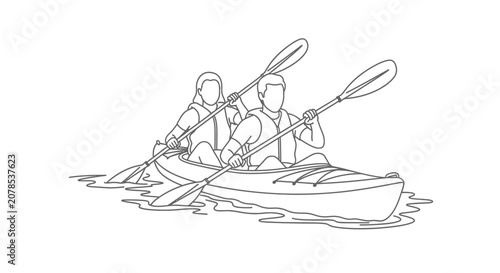 Two people paddling a kayak on calm water.